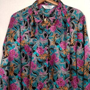 Vintage Cricket Lane Blouse Large Floral Satin Long Sleeve Grannycore Secretary